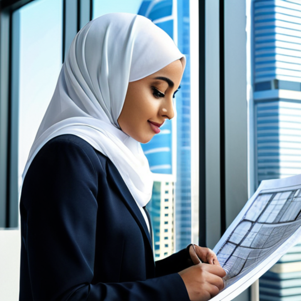 **
"A professional female architect, wearing a hijab and modest business attire, reviewing blueprints in a bright, modern architectural office in Dubai, UAE. Skyscrapers are visible through the large windows. Professional, fully clothed, safe for work, appropriate content, perfect anatomy, correct proportions, natural pose, high-resolution, detailed, realistic."
**