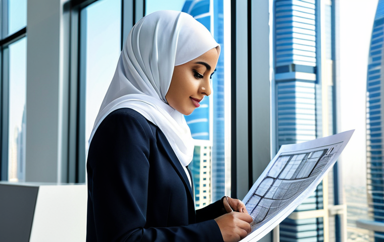 **
"A professional female architect, wearing a hijab and modest business attire, reviewing blueprints in a bright, modern architectural office in Dubai, UAE. Skyscrapers are visible through the large windows. Professional, fully clothed, safe for work, appropriate content, perfect anatomy, correct proportions, natural pose, high-resolution, detailed, realistic."
**