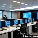 Home 21 바이오메트릭 보안의 비용 효율성 분석 - A modern biometric security control room in a Middle Eastern corporate building, featuring advanced ...