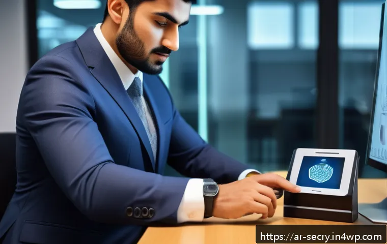 바이오메트릭 보안의 사용자 인증 단계 - A modern biometric security setup in a Middle Eastern office environment, showing a professional Ara...
