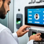 Home 23 바이오메트릭 보안의 기술적 원리 - A modern biometric security setup in an Arab office environment, featuring a close-up of a male empl...