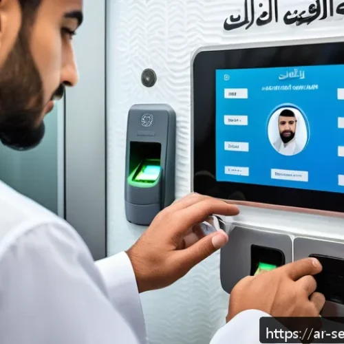 Home 17 바이오메트릭 보안의 기술적 원리 - A modern biometric security setup in an Arab office environment, featuring a close-up of a male empl...
