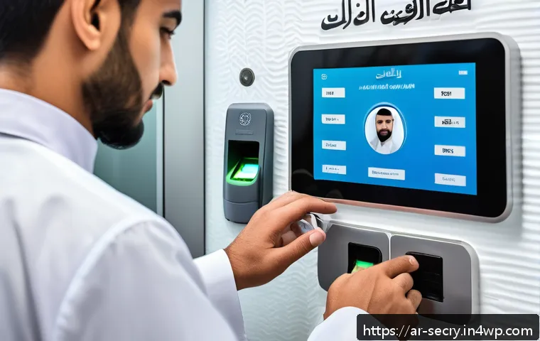 바이오메트릭 보안의 기술적 원리 - A modern biometric security setup in an Arab office environment, featuring a close-up of a male empl...
