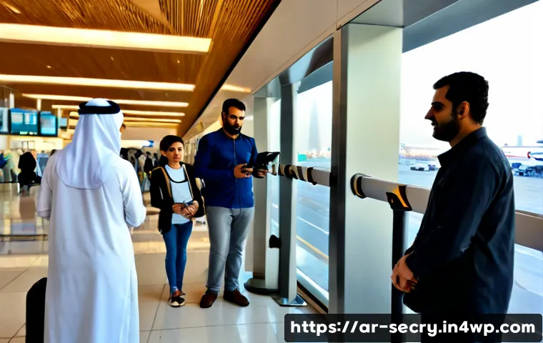 생체 인식 기술의 활용 사례 분석 - Photorealistic modern airport in a Gulf Arab city, an Arab family in modest contemporary clothing us...