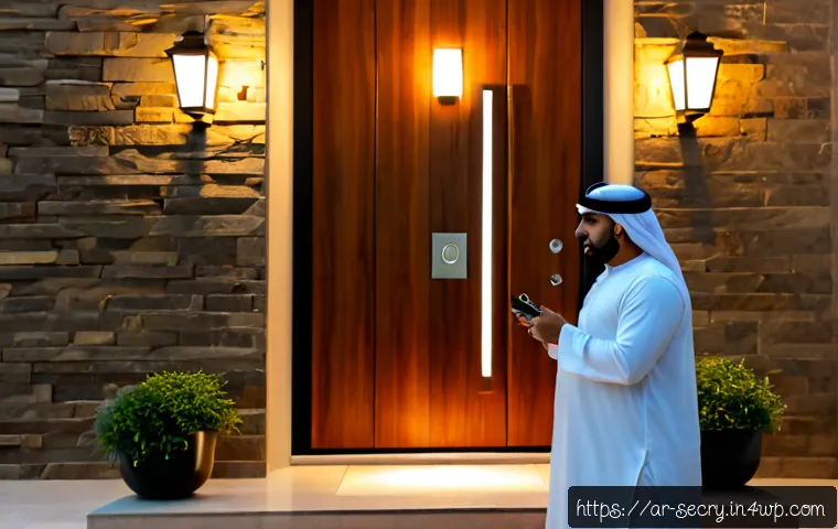 가정용 바이오메트릭 보안 장치 추천 - Photorealistic modern Arab family home entrance at dusk, elegant wooden front door with a sleek fing...